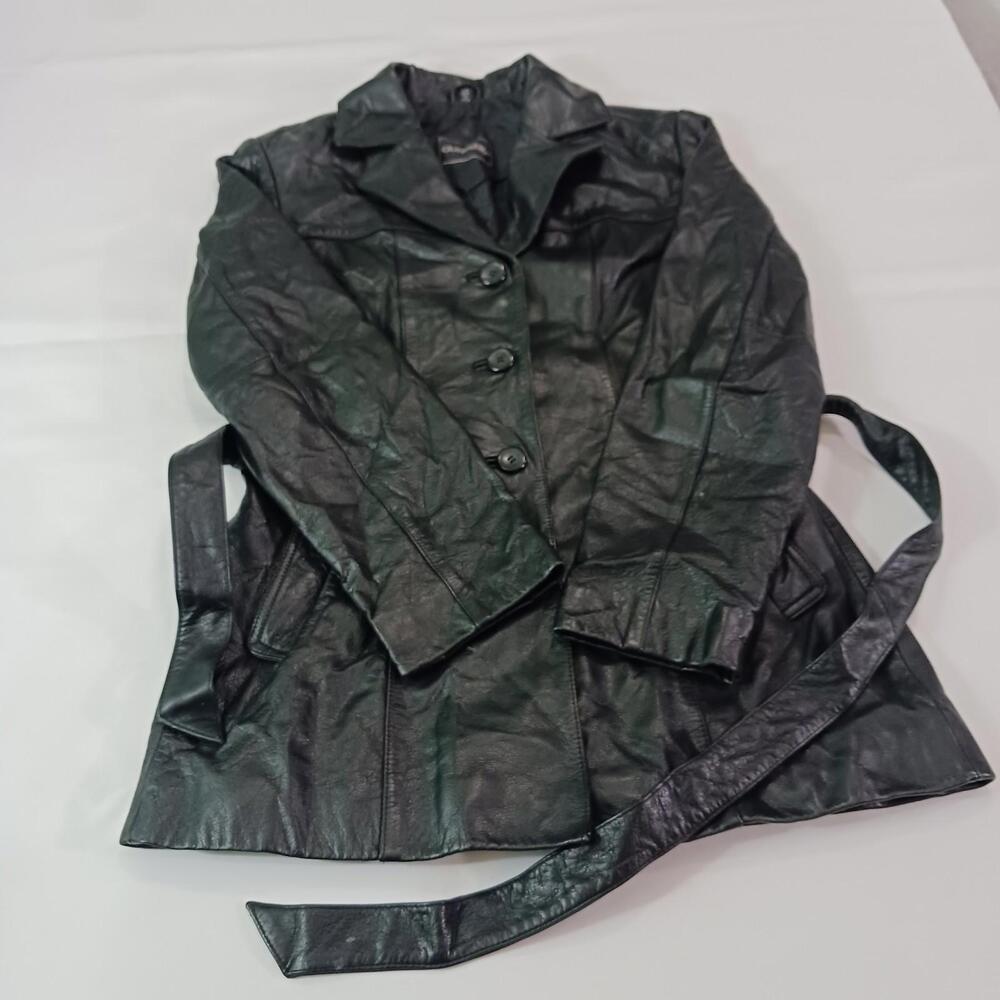 Outbrook Women's Jacket Black Belted Fit Genuine Leather Button Jacket Sz Small